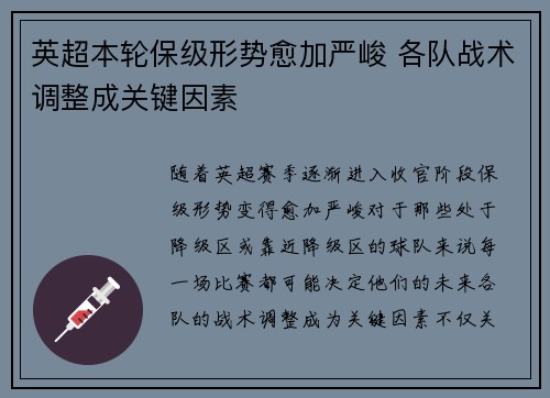 英超本轮保级形势愈加严峻 各队战术调整成关键因素 英超本轮保级形势愈加严峻 各队战术调整成关键因素